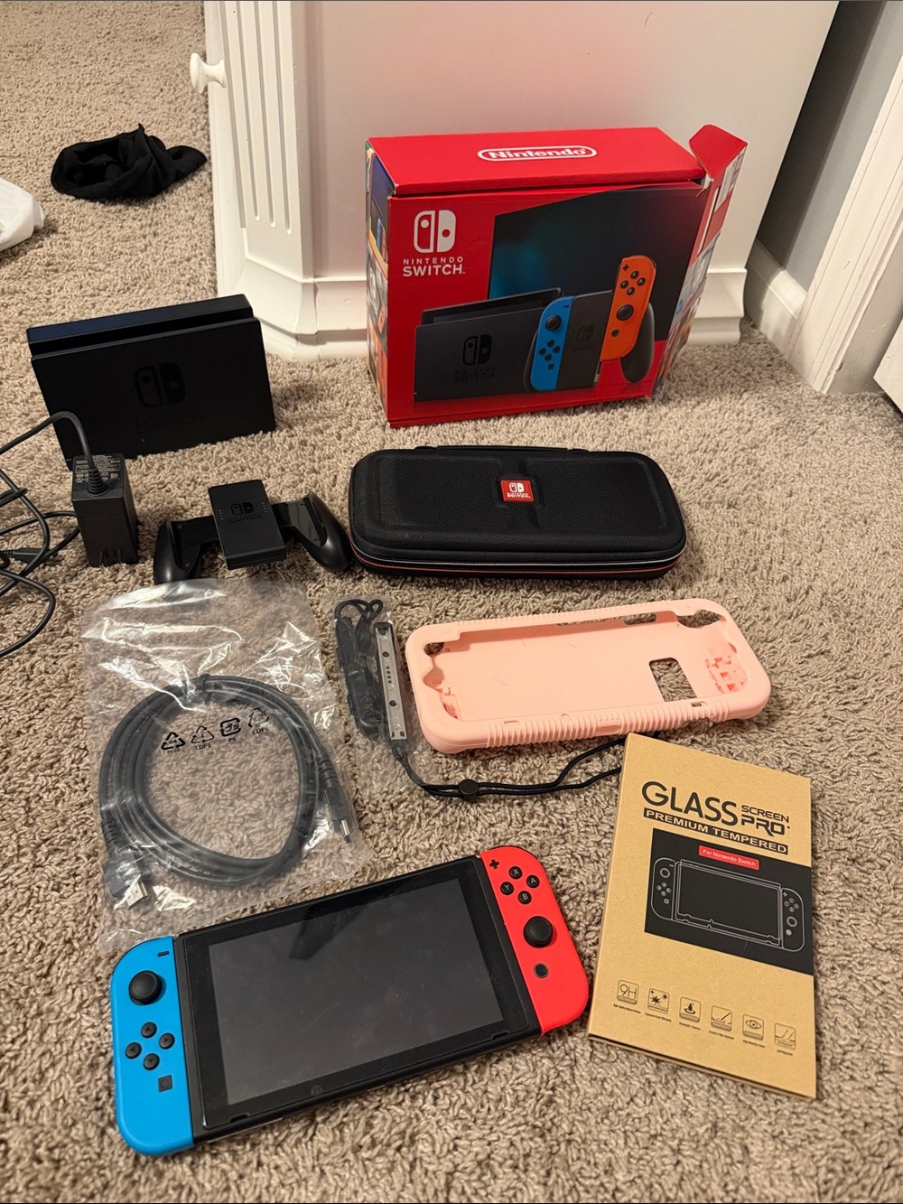 LIKE NEW Nintendo Switch with Neon Blue & Neon Red Joy‑Con and Accessories